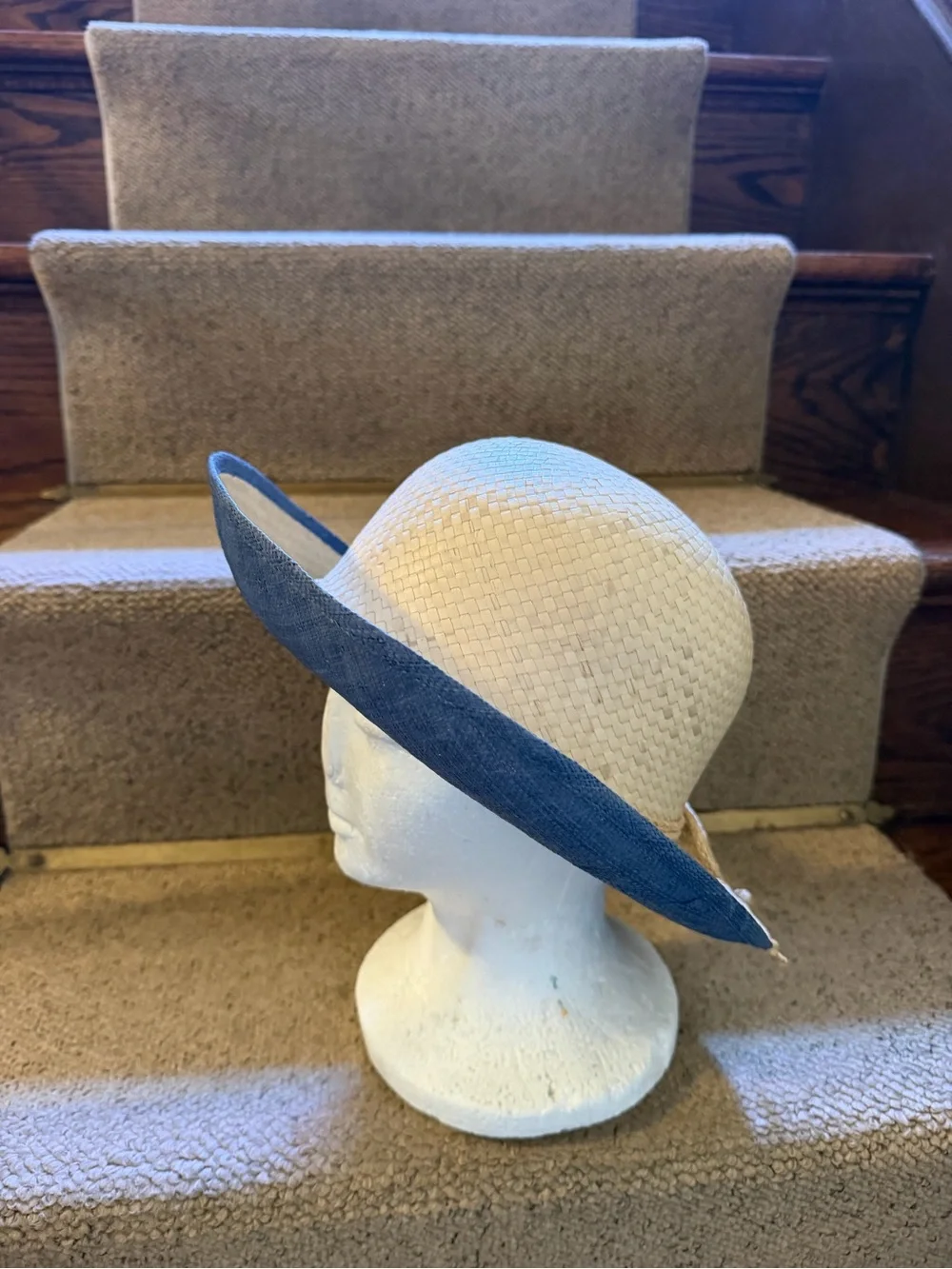 Women's Cream Straw Sun Hat with Blue Brim